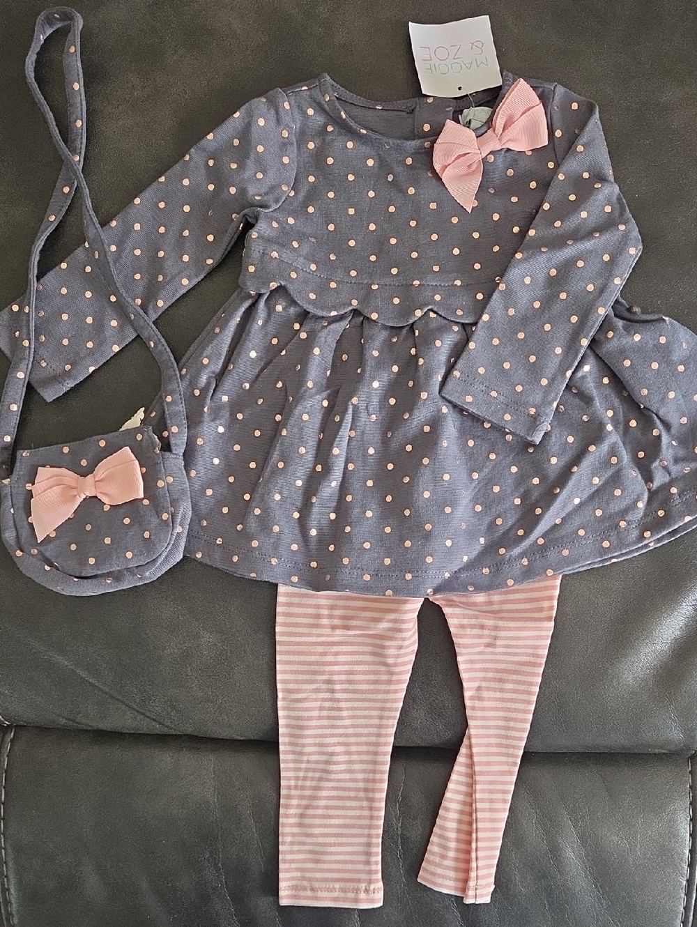 NWT Gray Polka Dot Dress Set with Pink Bows